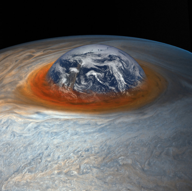 Comparativa del tamaño de la Tierra y la Gran Mancha Roja de Júpiter. (Imagen: NASA/SwRI/MSSS/Gerald Eichstädt/Seán Doran/Flickr)